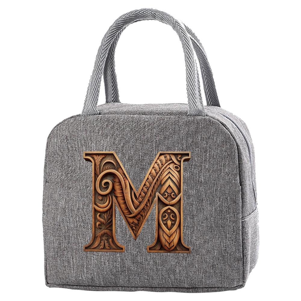 Portable Food Insulation for Traveling Wood Art Letter Printing Box Picnic Waterproof Oxford Zipper Insulation Lunch Bag