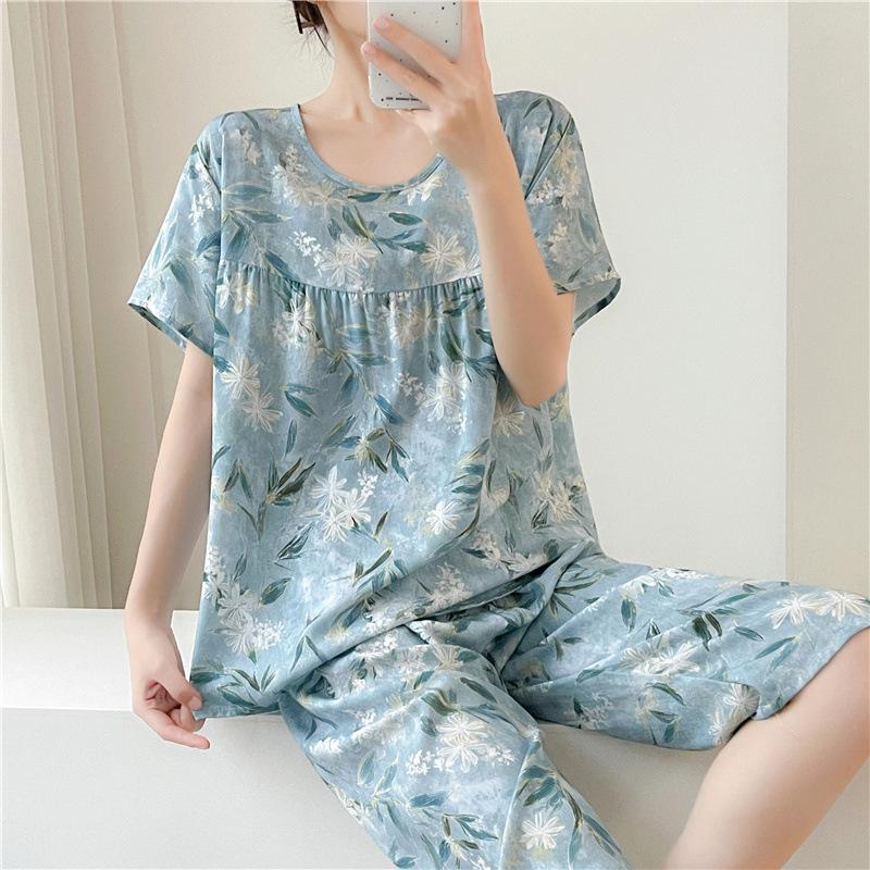 New cotton and silk pajamas women's summer thin two-piece set short-sleeved rayon cotton silk cute loose large size loungewear