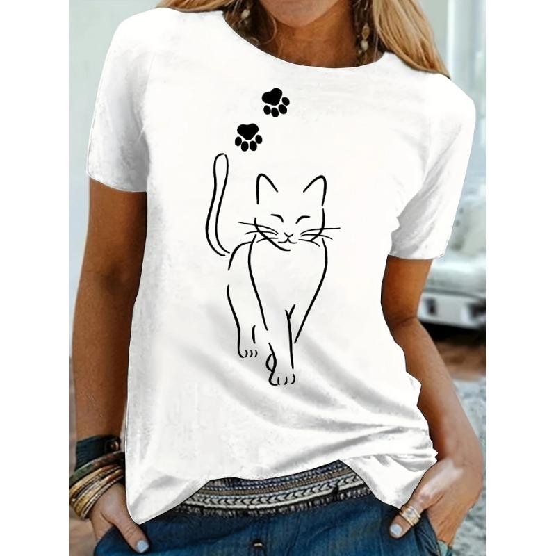 Plus Size Casual T-shirt Women's Plus Cute Cat Paw Print Short Sleeve Round Neck Medium Stretch T-shirt