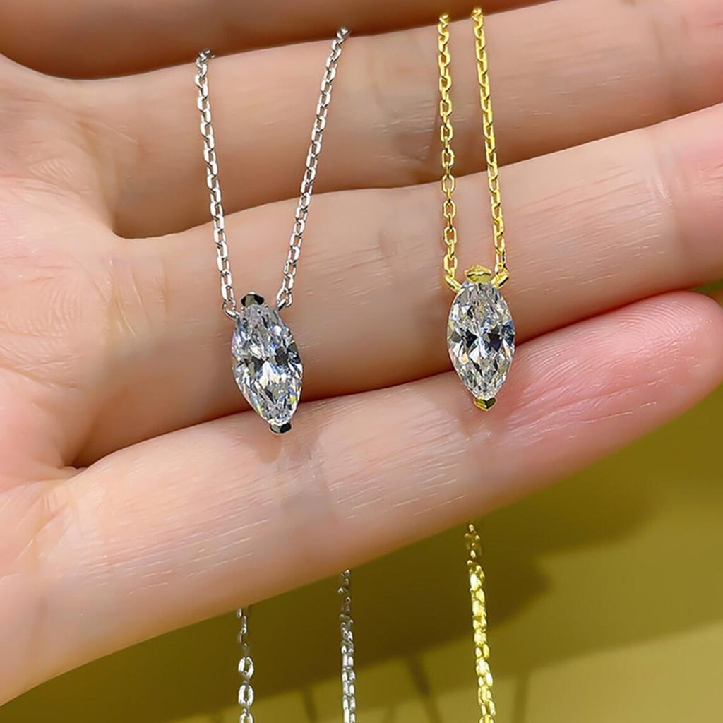 Two Prong Marquise Cut Single Stone Pendant Thin Link Chain Two Tone Minimalist Women Neck Jewelry