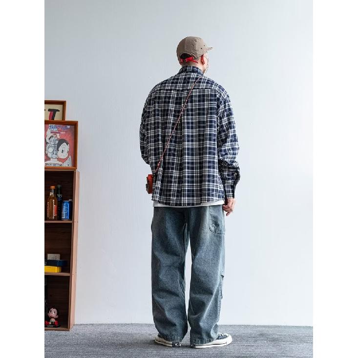 2024 Plaid Langarm Hemd Japanischen Hong Kong Stil Ins Lose Hemd Jungen Sommer Trendy Vielseitig Casual Mantel