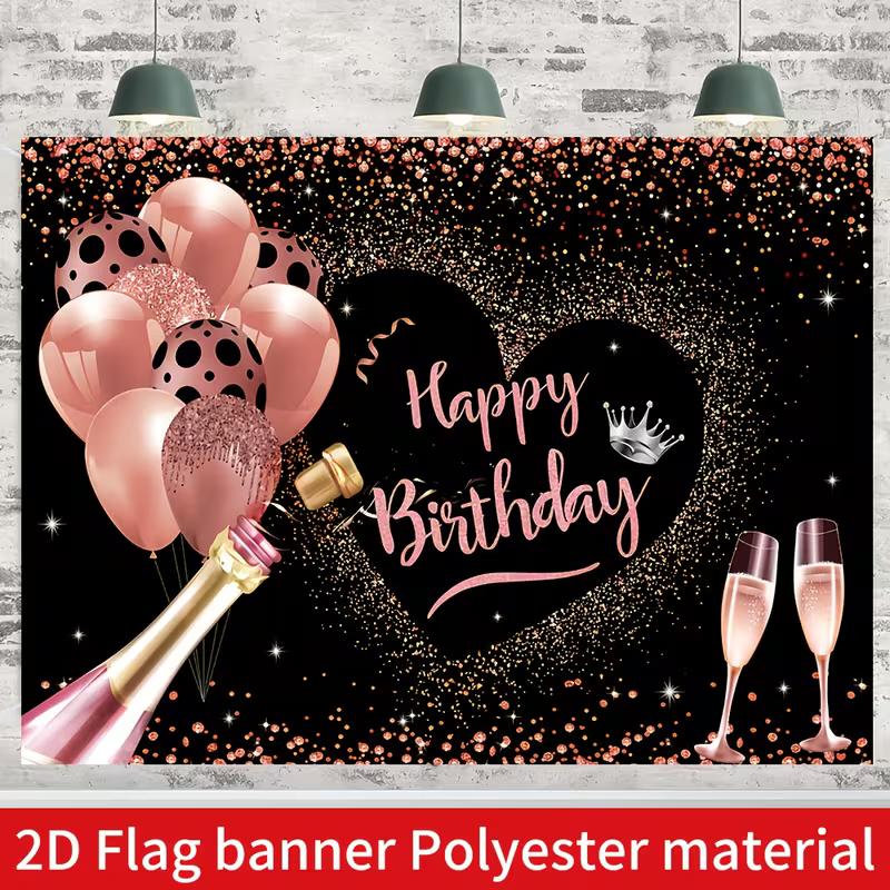 2D Black & Rose Gold Birthday Backdrop, Champagne Balloon Themed Photography Background