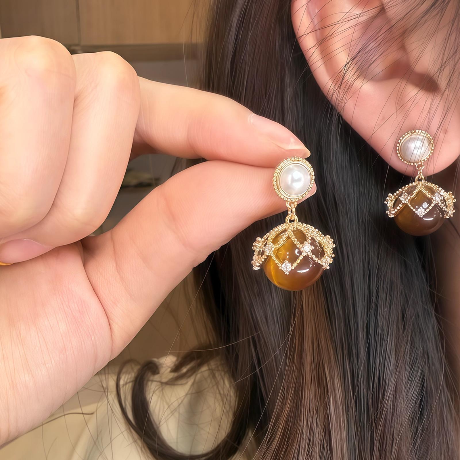 

Light Luxury Melard Pearl Zircon Stud Earrings for Women Ladies New Fashion Brown Round Stone Drop Earrings Jewelry Accessories