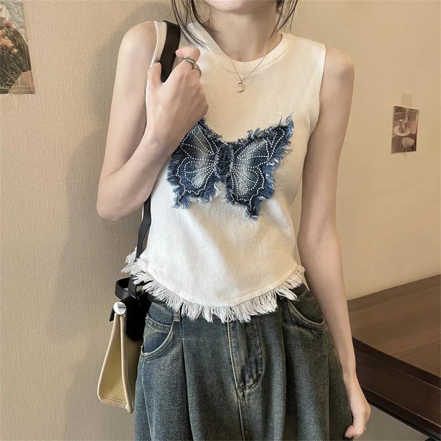 WTEMPO American Retro Butterfly Knitted Vests Women's Spring Summer Tassel Short Slim Fit Large Size Sleevelesss Tops