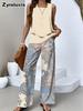 Summer New Casual Fashion Printed Sleeveless Women's Clothing Set Double Layer Backless Pure Color with Printed Set