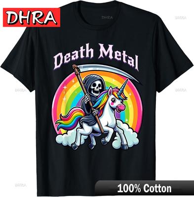 Death Metal Magere Hein op een Eenhoorn Unisex-Volwassenen T-shirt Urban Edgy Mannen T-shirts Casual Cool Edgy T-shirt Bedrukt voor Cadeaus