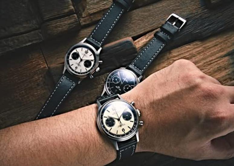 SUGESS Swan Neck Regulator 38mm Mechanical Analog Chronograph Watch for Panda Pilot Genuine Leather Stylish and Popular Men, Dial, Style, Strap,