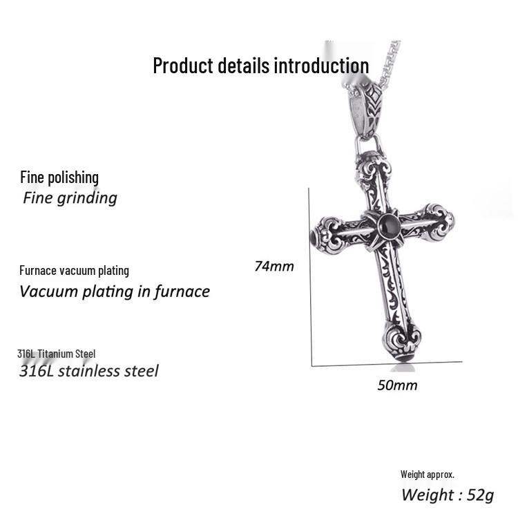 Męski modny retro naszyjnik ze stali nierdzewnej z grawerowanym wisiorkiem krzyżykiem i kamieniem szlachetnym.