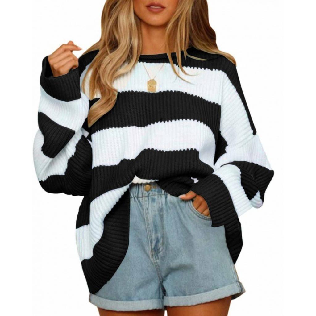 Autumn and Winter Women's Sweater, Women's Rolled Edge Round Neck Striped Color Blocked Knit Sweater