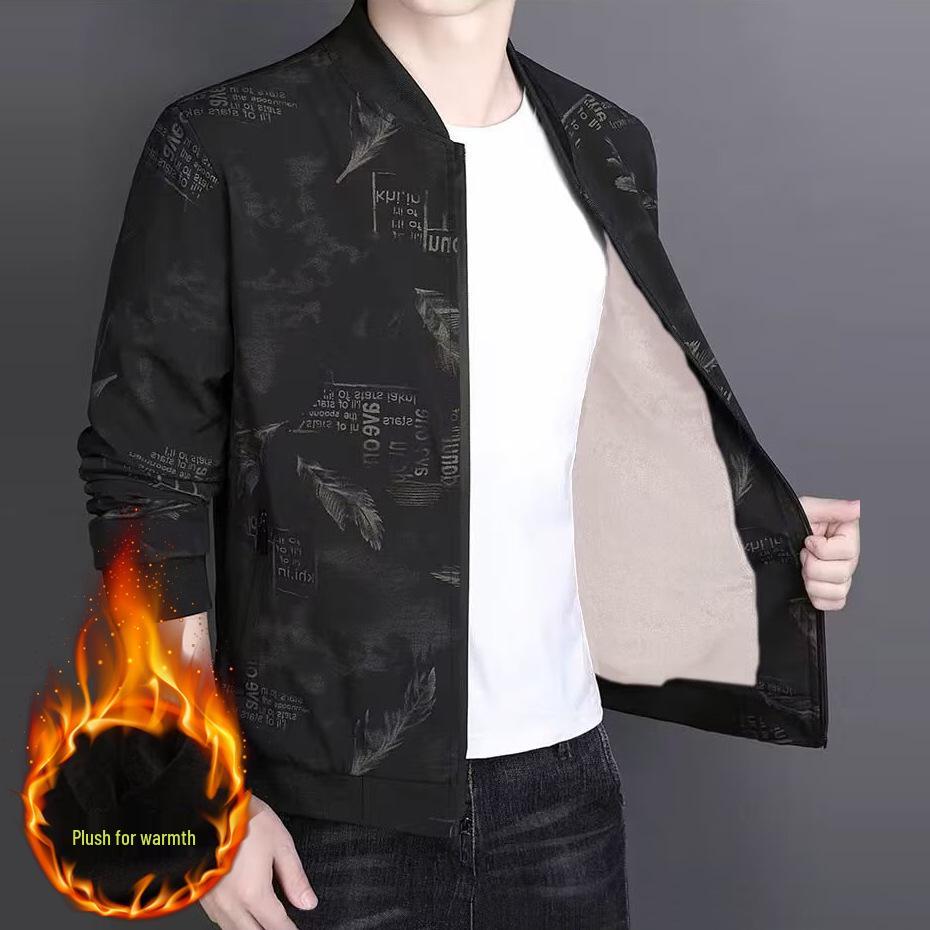 Men's 2025 Autumn/Winter Letter Print Bomber Jacket with Fleece Zip Outerwear – Versatile, Comfortable Baseball Style