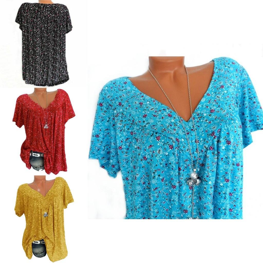 Stylish Women V Neck Floral Tee T-shirts With Plus Size Options For Summer Comfort