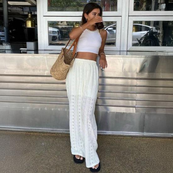 Women Pants Elastic High Waist Wide Leg Casual Trousers Pure Color Hollow Embroidery Casual Trousers with Liner Daily Wear