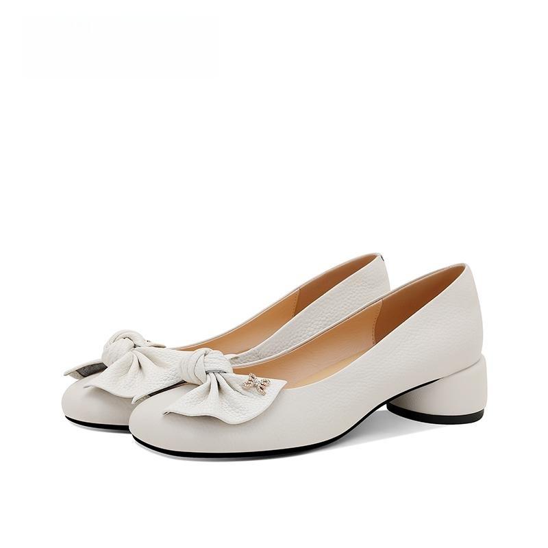 Damenschuhe Schleife Lederschuhe Damen Leichter Mund Mittelabsatz Schuhe Runder Kopf Dicker Absatz Grau