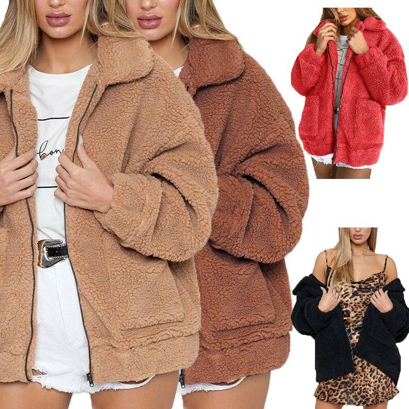 Bear Thick Womens Warm Fleece Jacket Coat Loose Zip Up Outwear Tops Casual