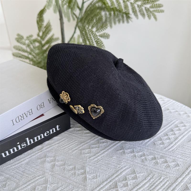 Elegant Japanese Style Oversized Button Decor Beret Hat Women's Fashionable Hollow Breathable Eight-panel Beret