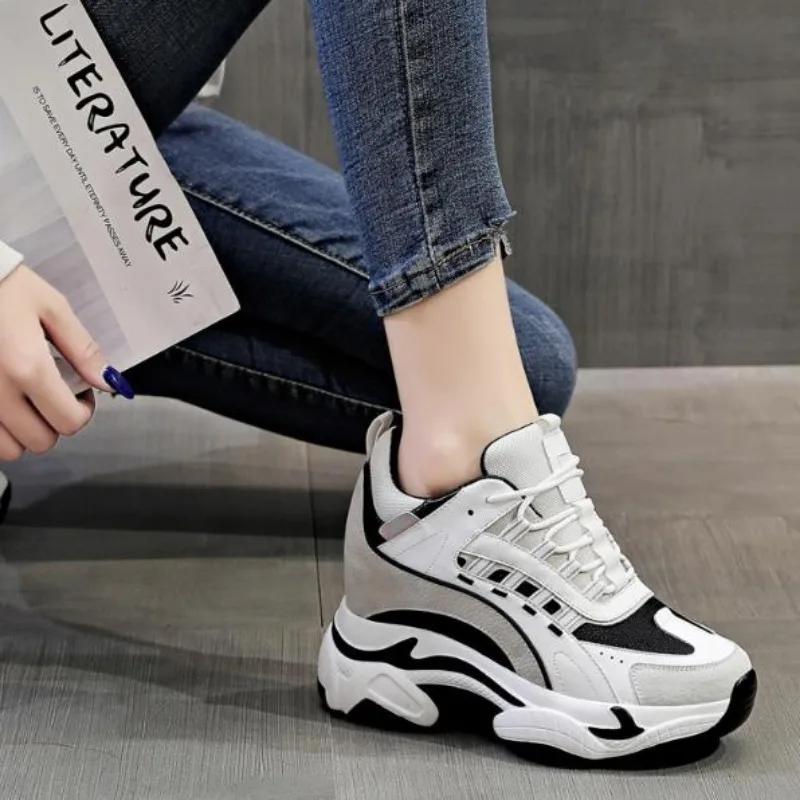 Fashion Autumn Sneakers For Women Platform Chunky Casual Shoes High Quality Genuine Leather Woman Female Walking Trainers 9CM Thick Sole
