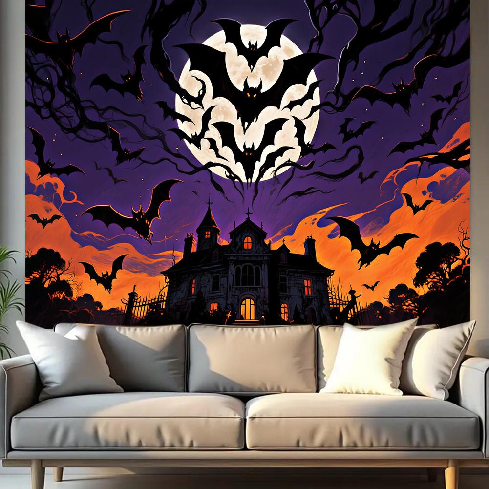 Scary Halloween Backdrop Banner-Castle with Bats&Full Moon for Indoor/Outdoor Parties,Graduation,Halloween Decor,Event