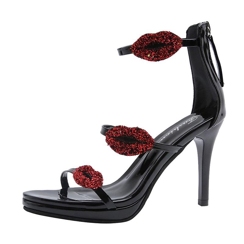 20 Spring and Summer New Sexy Fashion Women's Sandals Patent Leather Lipstick Rhinestone Thin Heel Open Toe High Heel Sandals