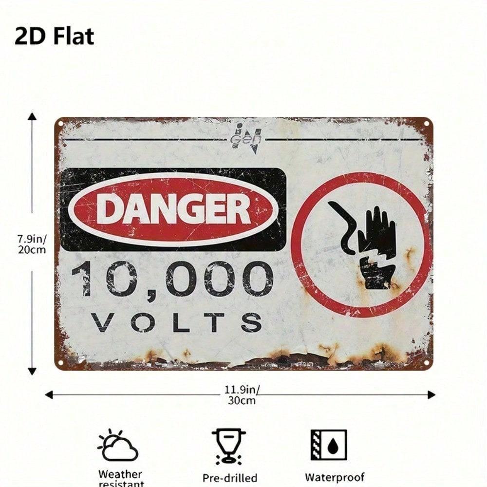 Vintage Danger 10000 Volts Metal Sign 8x12 Inch, Retro 2D Flat Iron Wall Plaque, High Voltage Warning Decor for Office Yard