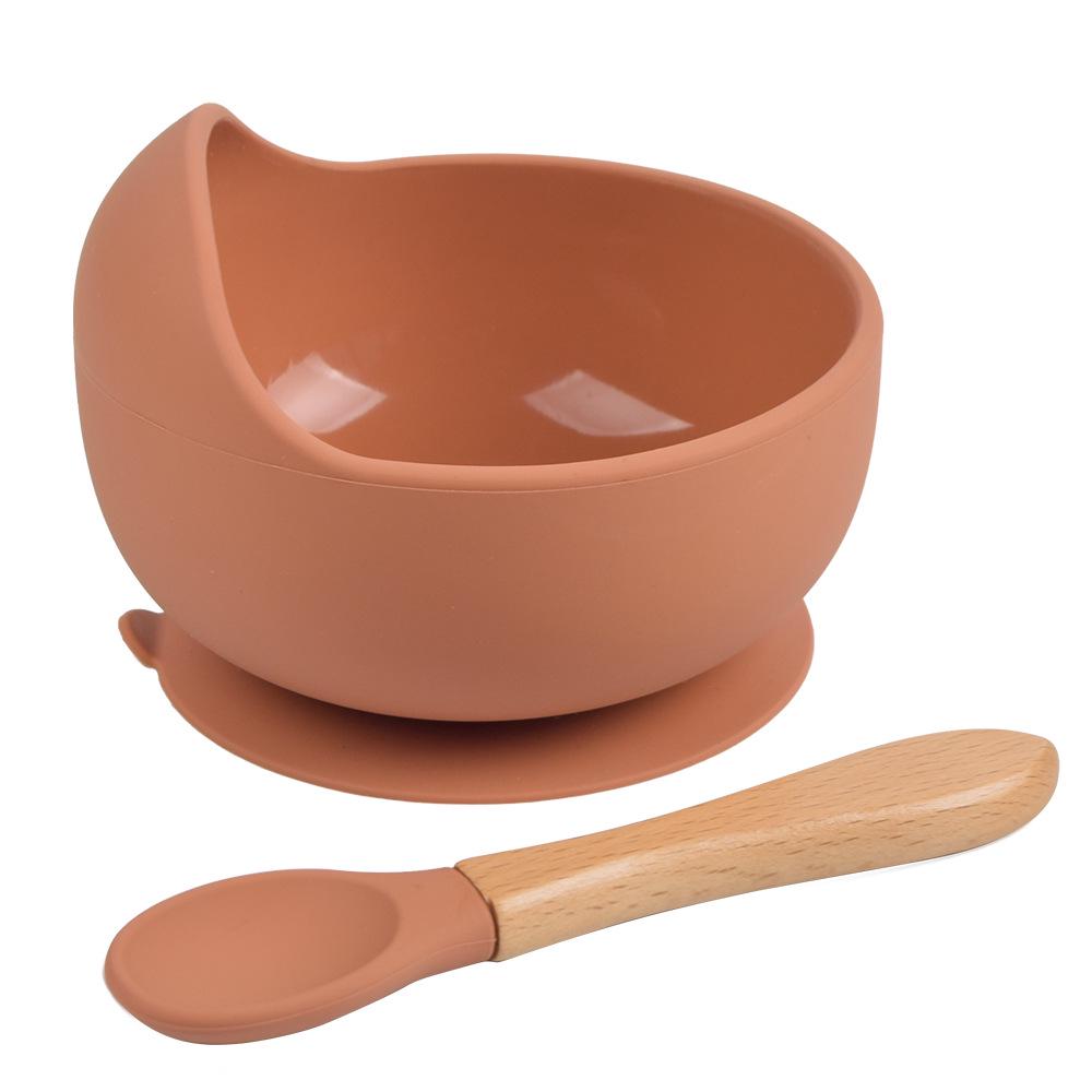 Silicone Baby Bowl & Spoon Set with Wooden Handle and Suction Cup