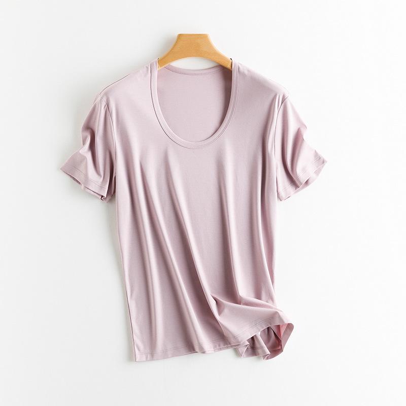 

Women s 2025 Tencel U-Neck T-Shirt, Cool Mercerized Cotton, Ice Silk, Mulberry Silk, Solid Color, Versatile Short Sleeve Mock Neck. XL 130-160 lbs
