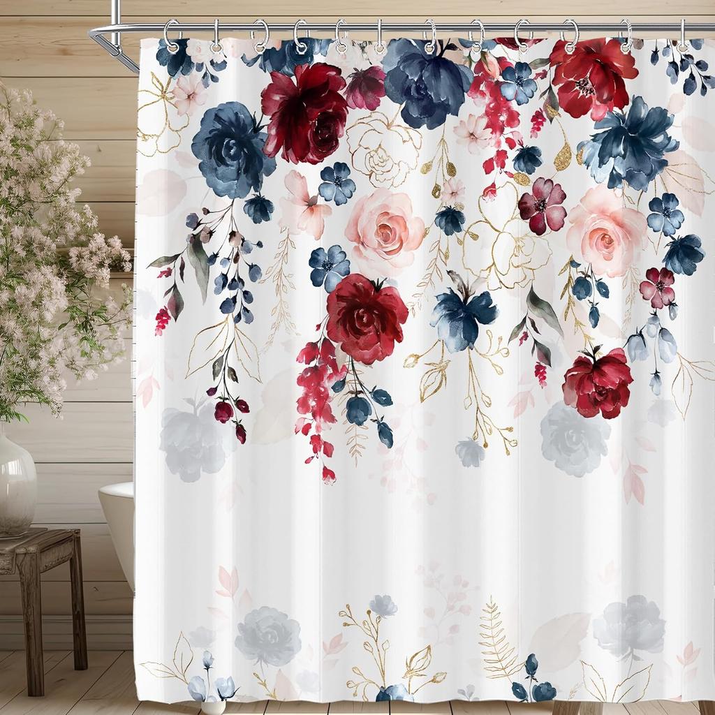 Red Floral Blossom Shower Curtain for Bathroom Plum Asian Japanese Cherry Blossoming Weeping Flower Bathtub Decor Waterproof