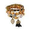 Wooden Tassel Bracelet For Men and Women 4PCS Retro Alloy Elephant Leaf Crystal Bracelet