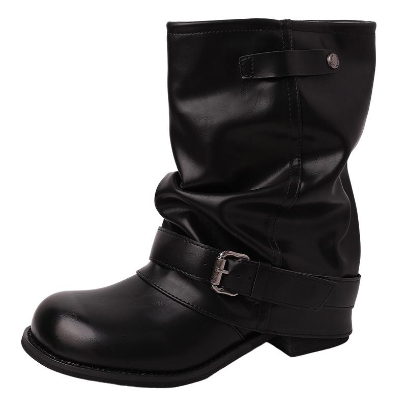 Fashion belt buckle pleated loose stacking boots autumn and winter design sense retro thick heel locomotive women's fashion boots short boots