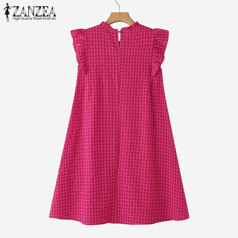 ZANZEA Rochie Tank Femei de Vară cu Gât Rotund, Fără Mâneci, cu Imprimeu Grilă