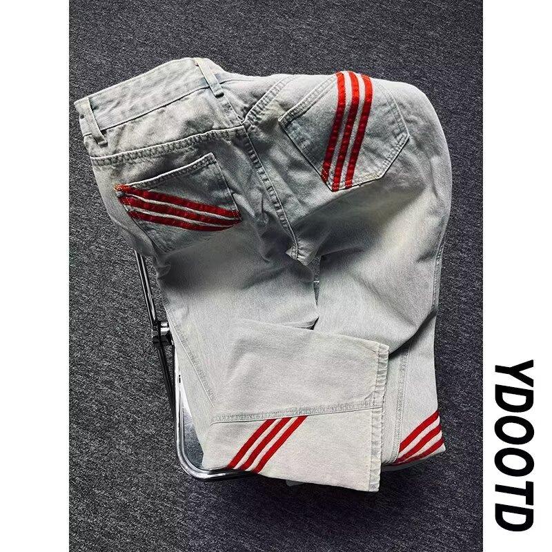 American striped splicing wide-leg jeans men's trend new trendy brand loose washed straight wide-leg trousers