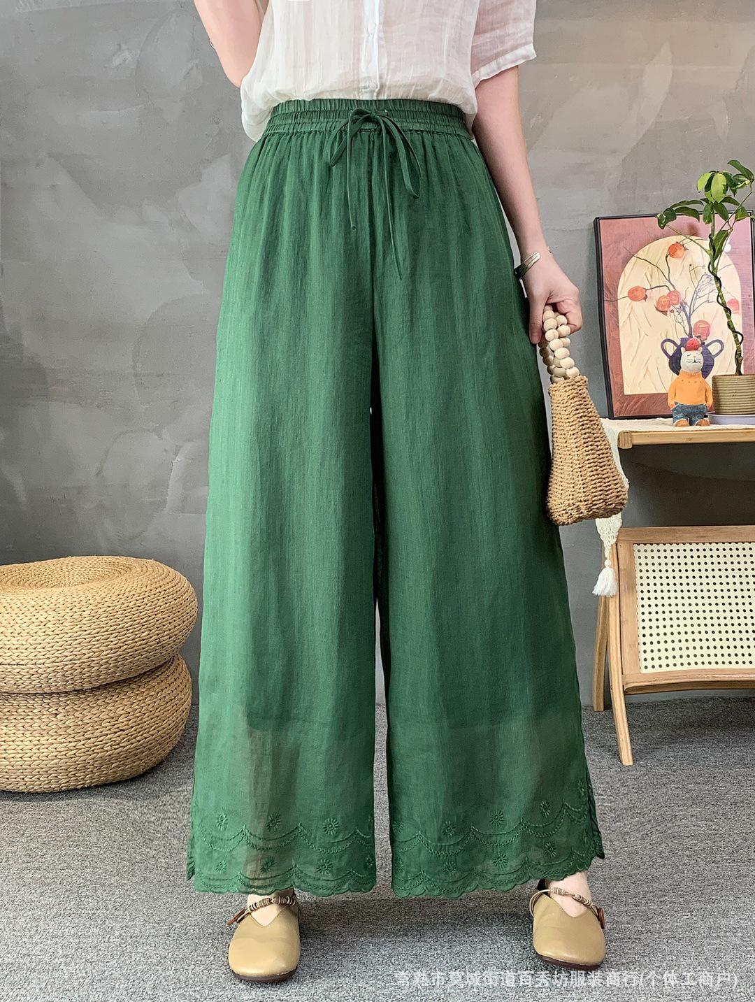 

Artistic Retro 2026 Spring Solid Color Linen Straight-Leg Pants with Elastic Waist One Size