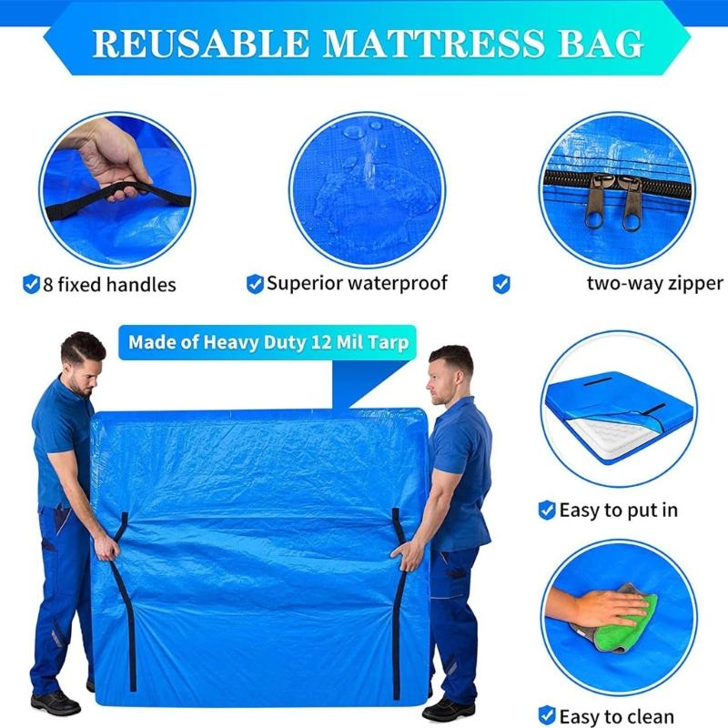 Mattress Cover Bag with Multiple Carry Handles for Moving, Transport, and Temporary Storage with Bag Closure Design