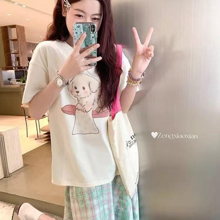 Korea Dongdaemun White Short Sleeve Women's T-Shirt Summer Crew Neck Letter Printed Top Loose Versatile Front Shoulder T-Shirt