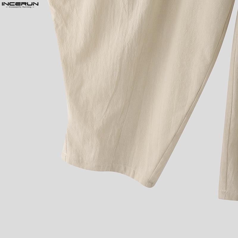 INCERUN Men Elastic Waist Cotton Linen Casual Solid Color Drop-crotch Pants Lantern Trousers