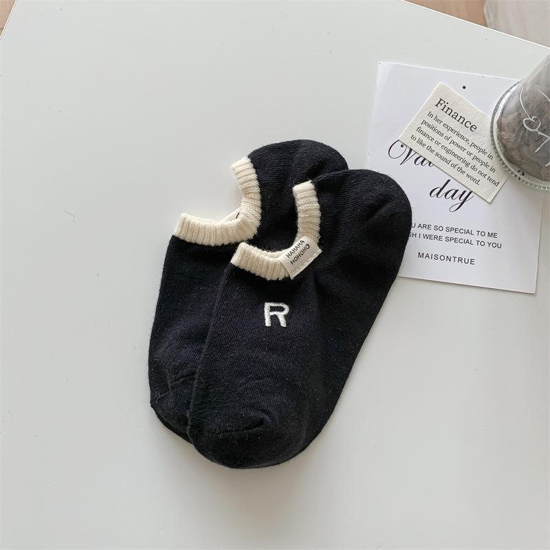 

Dongdaemun Summer Thin Socks Internet Celebrity Label Embroidered Letter R Cotton Color-Blocking Shallow Mouth Invisible Boat Sock Cover One size fits all чорний