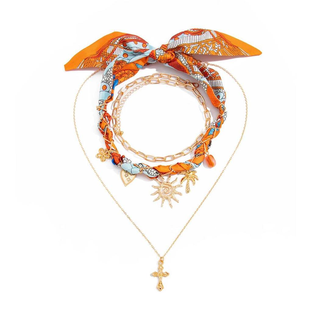 IngeSight.Z 3Pcs/Set Boho Scarf Ribbon Choker Necklace Trend Cross Sun Flower Starfish Conch Coconut Tree Pendant Neck Jewelry
