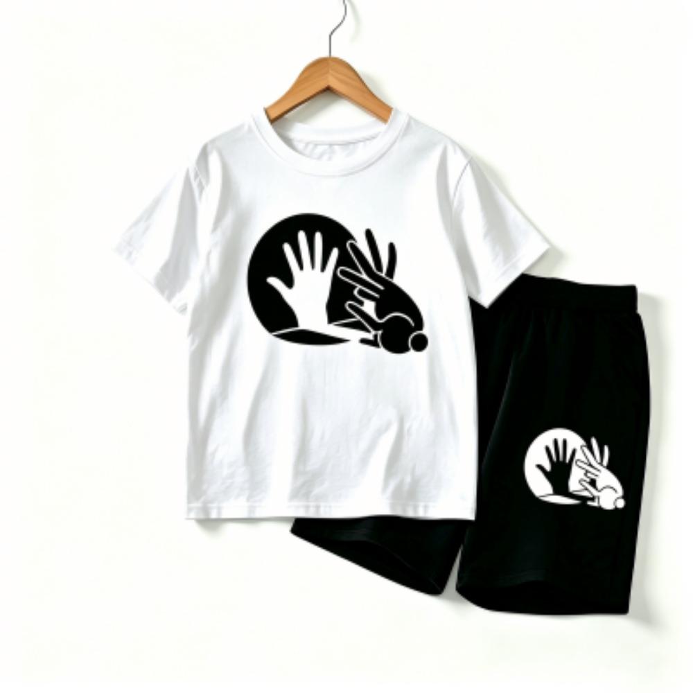 Rabbit Shadow Print Outdoor Street Kids T-shirt and Shorts Summer Home Casual Outfit Boy and Girl's Sports Set