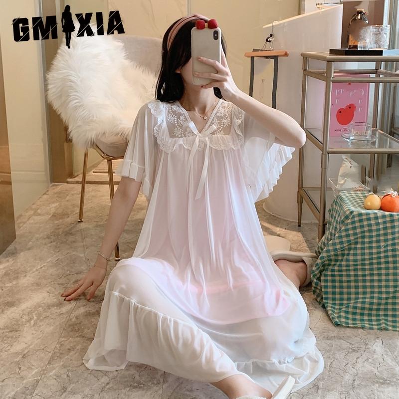 

GMXIA Summer Sleeping Dress for Women, Short-sleeved, Fashionable Lace-trimmed Mid-length Dress, Princess Sleeping Dress, Sexy Sleeping Dress XL