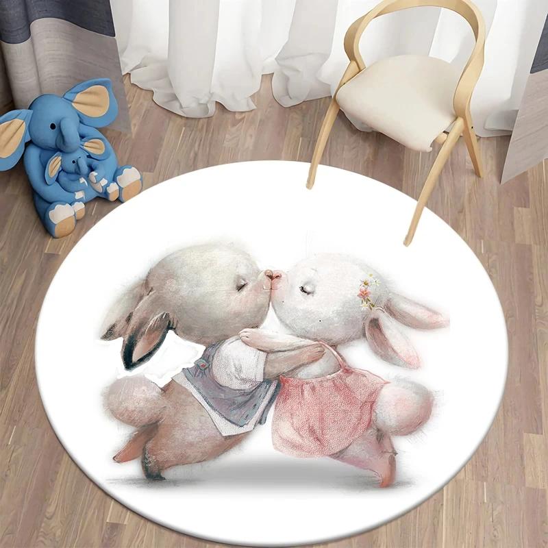 Cartoon Bunny Print Round Carpet Rabbit Area Rugs Circle Carpets for Living Room Floor Mat Polyester Anti-Slip Mats for Children