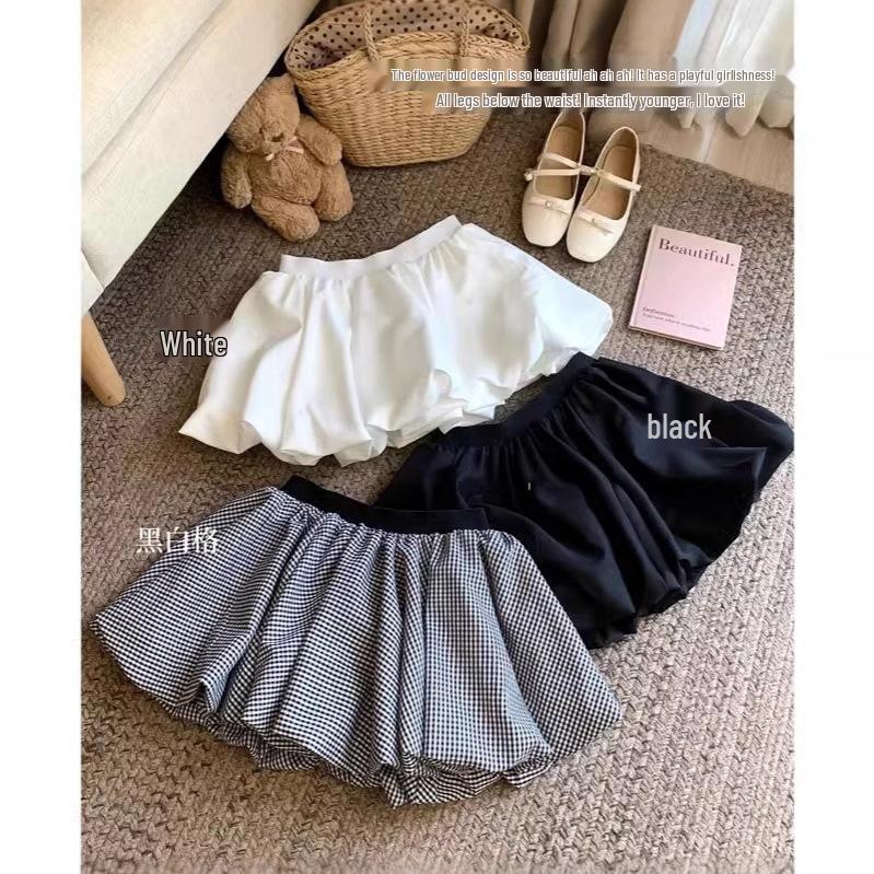 Korean Style Women's 2025 Summer High-Waist Slimming Midi Puff Skirt with Anti-Exposure Shorts