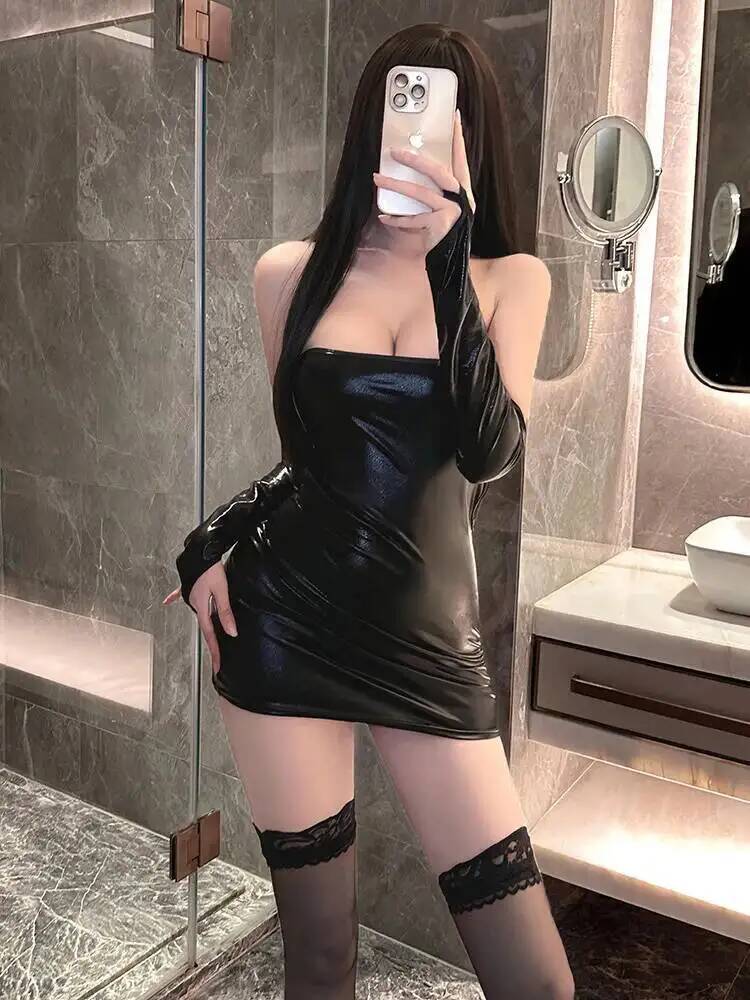 Sexy Outfit Patent Leather Pure Desire Young Woman Temptation Hot Uniform Dress Elegant Tank Mini Dress Sexy Korean Nbm8