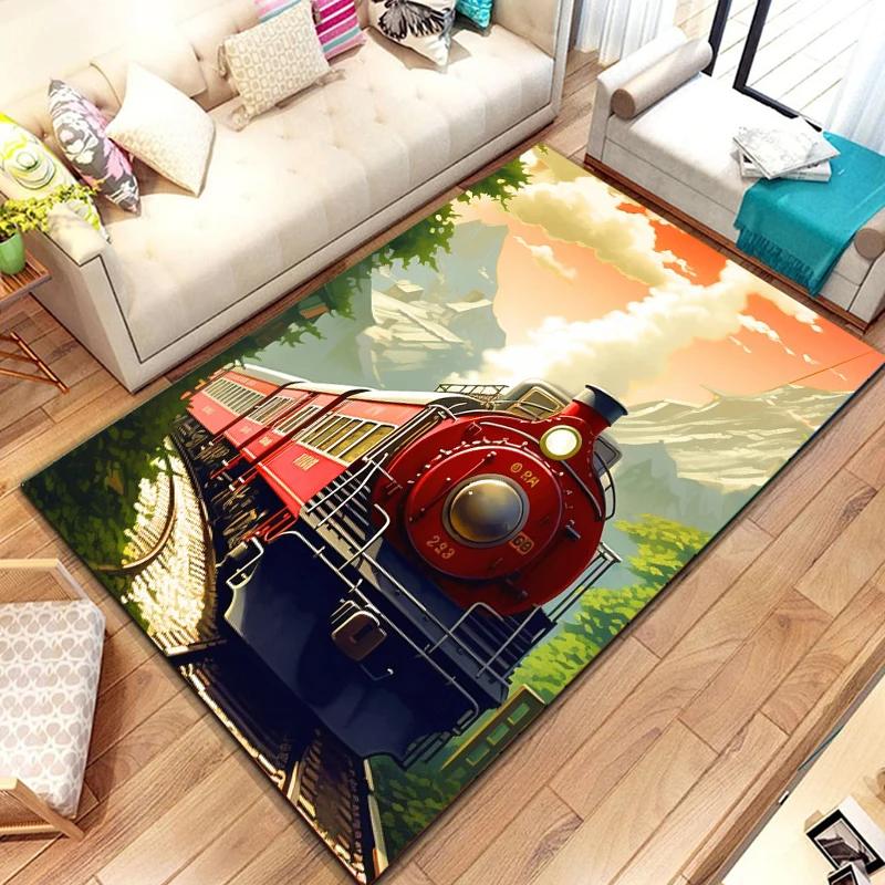 Zug Bereichsteppich für Mädchen Jungen Retro Dampfmaschine Teppich Eisenbahngleis Transport Fußmatte 3D Vintage Fahrzeuge Wohnzimmer Fußmatte