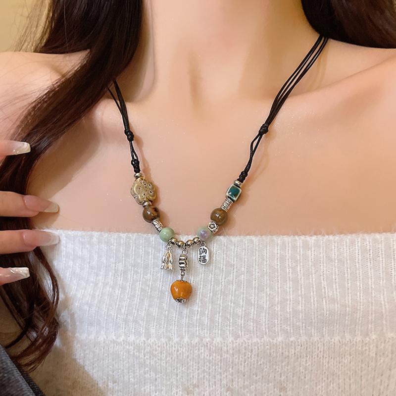 Modeschmuck Ethnisch Traditionell Handgefertigt Ornamente Geflochten Wachsseil Keramik Halskette Keramikperlen Anhänger Lange Halskette