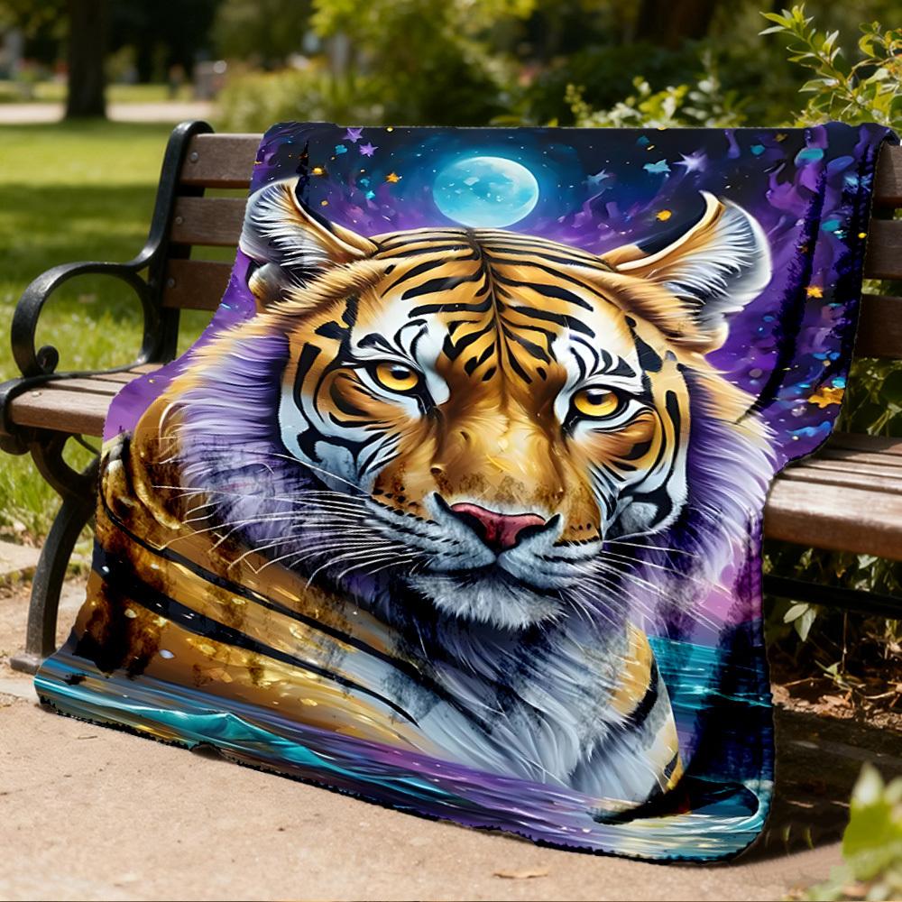 1pc Tiger Moon Night Throw Blanket Polyester Fiber, Lightweight Flannel, Soft & Warm, All Season Use for Outdoor, Camping