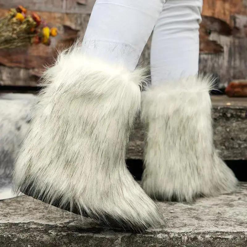 Women's Winter Fluffy Faux Fur Snow Boots, Comfortable Plush Warm Ankle Booties, Luxury Furry Fashion Outdoor Footwear