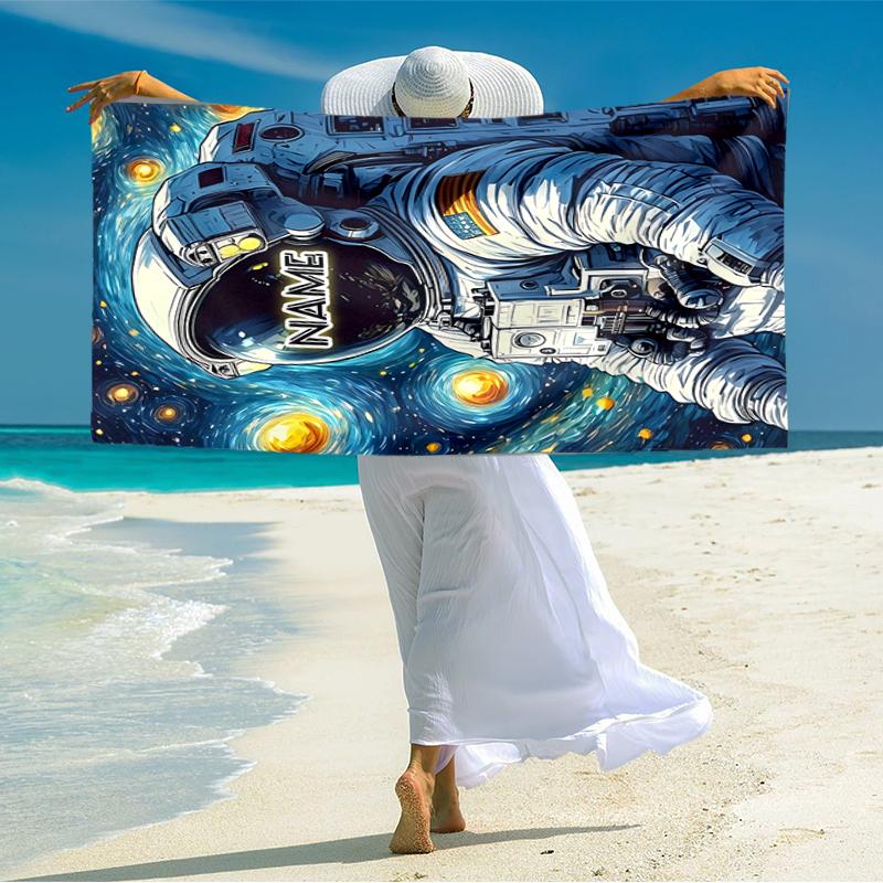 1PC Custom Name Space Astronaut Journey Beach Towel Highly Absorbent And Sand-Resistant Towel for Swimming, Pool, Yoga, And Travel Lightweight