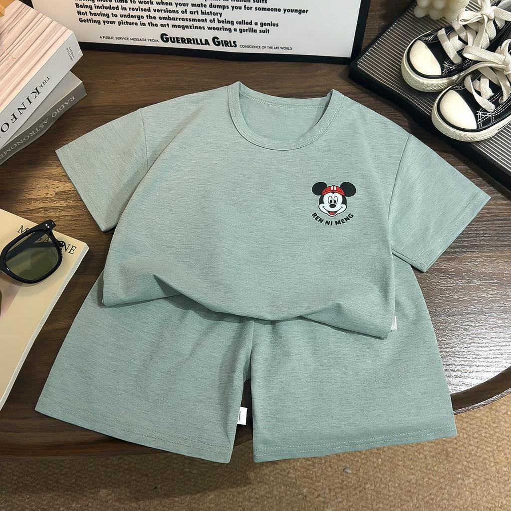 Children's Cartoon Beige Printed Hemp Cotton T-Shirt Set - Short Sleeve, Round Neck, Thin Base Layer for Boys and Girls.