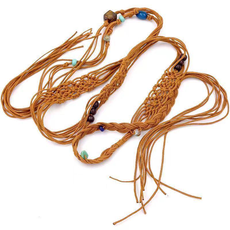 

Hand-Woven Bohemian Waxed Cord Waist Chain - Retro Ethnic Tassel Style белый