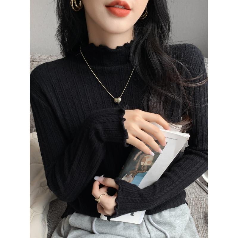 Fresh and fashionable semi-turtleneck fungus edge long-sleeved knitted sweater women's spring age-reducing thin bottoming top