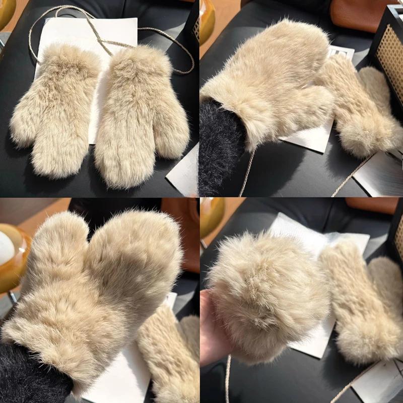 Winter Women Real Rabbit Fur Gloves Natural Thick Style Rabbit Fur Mittens Outdoor Girls Keep Warm Hand Knitted Fur Glove
